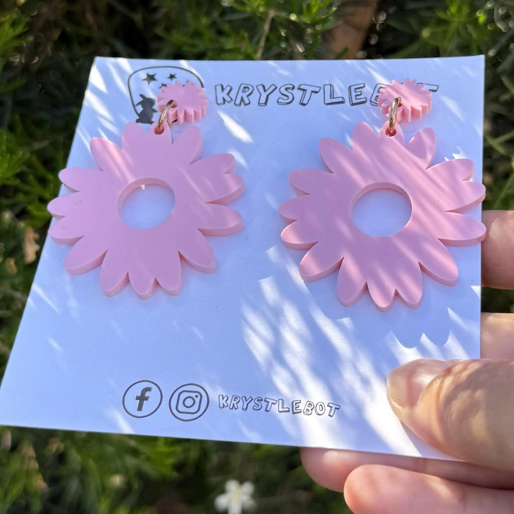 Large pink sunflower statement dangles, floral flower earrings, big statement lightweight earrings, teacher earrings