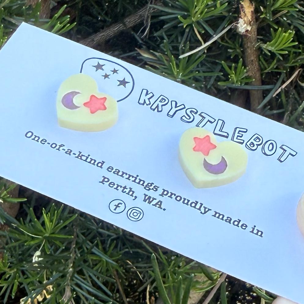 Yellow mini heart star and moon hand painted acrylic earrings, one-of-a-kind, only one made like this