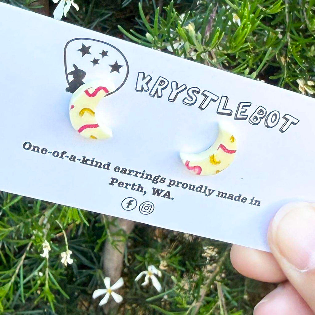 Yellow mini moon shaped squiggle hand painted acrylic earrings, one-of-a-kind, only one made like this