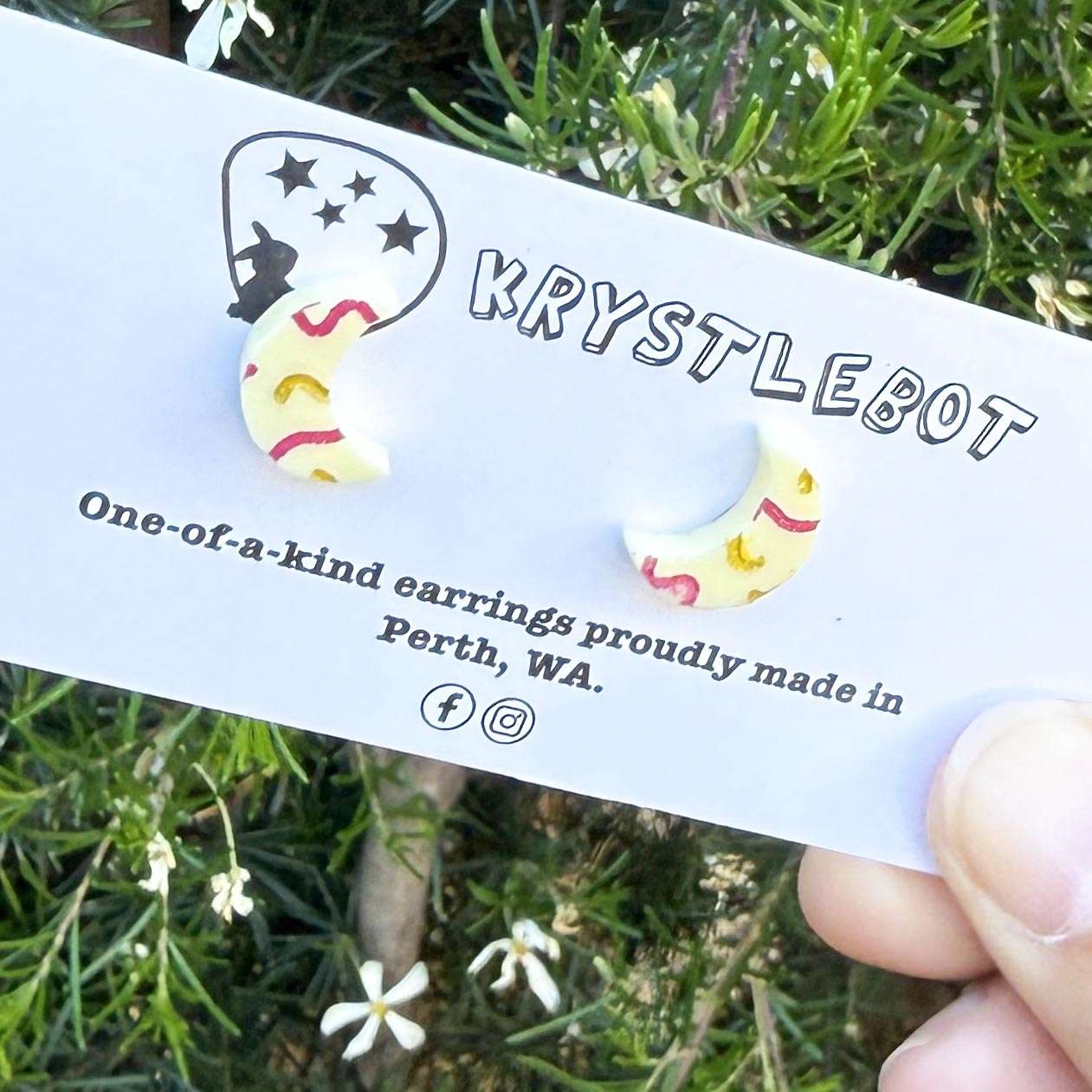 Yellow mini moon shaped squiggle hand painted acrylic earrings, one-of-a-kind, only one made like this