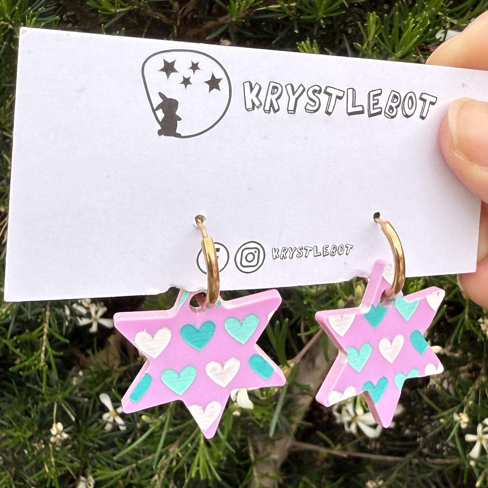 Purple star dangles hand painted with white, aqua and teal hearts, Huggie Hoop Square Earrings, Lightweight Acrylic Dangles, One-Off