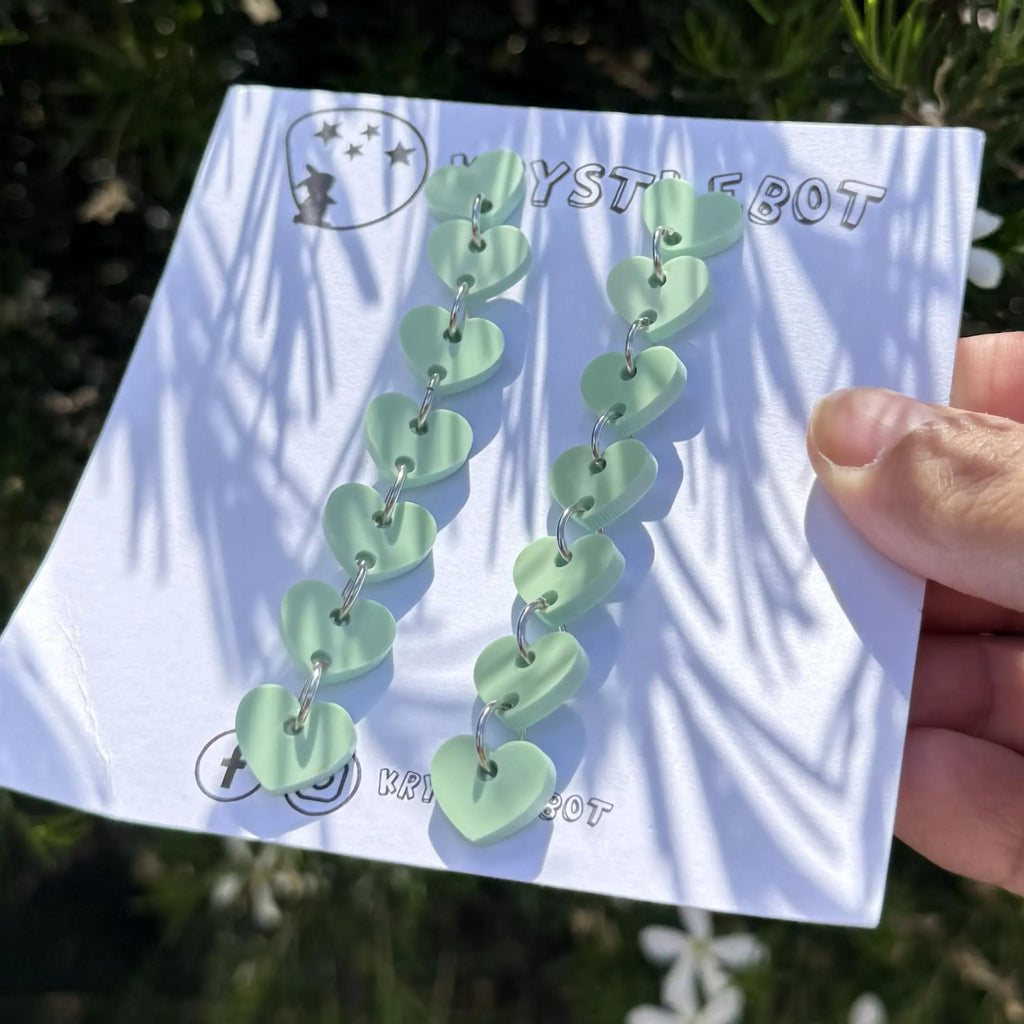Sage green sweetheart dangles, mini heart dangles, acrylic earrings, teacher earrings, lightweight dangles