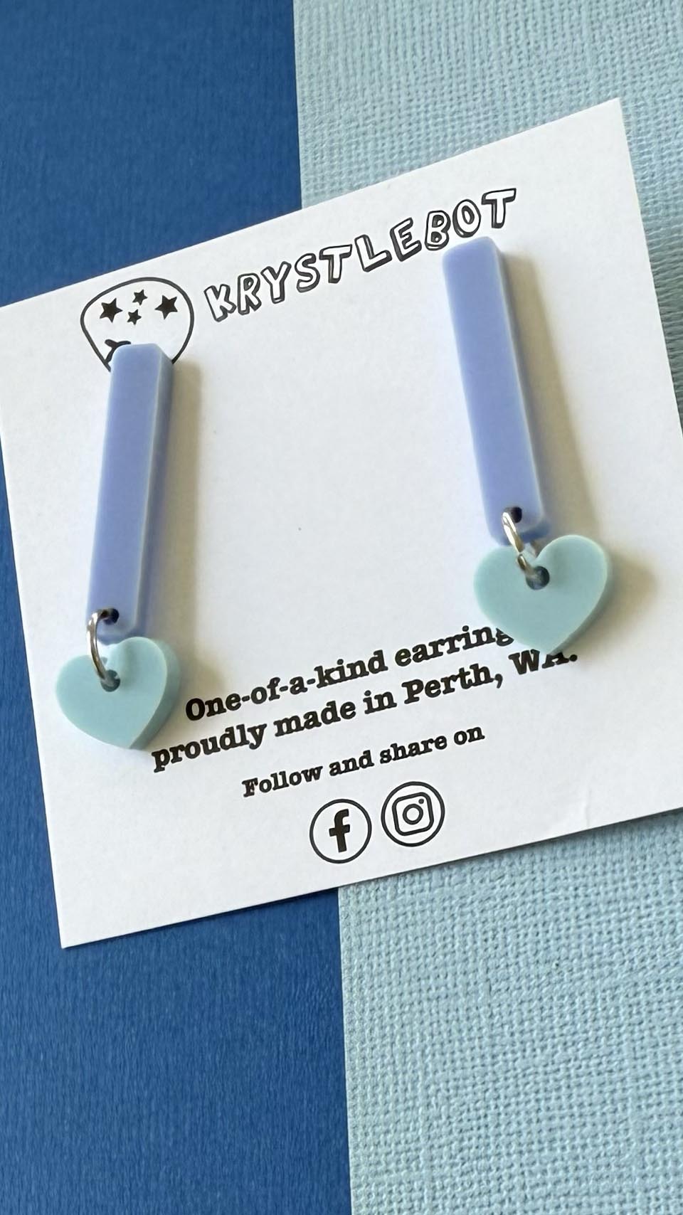 Blue heart coloured pop dangles, rectangular and heart combo dangles, teacher earrings, lightweight dangles
