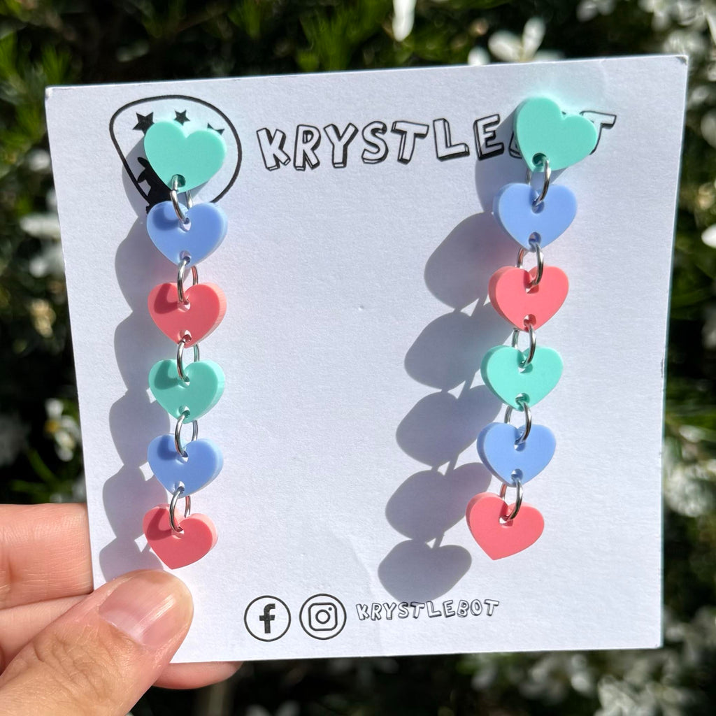 Blue, spearmint green and raspberry sweetheart dangles, mini heart dangles, acrylic earrings, teacher earrings, lightweight dangles