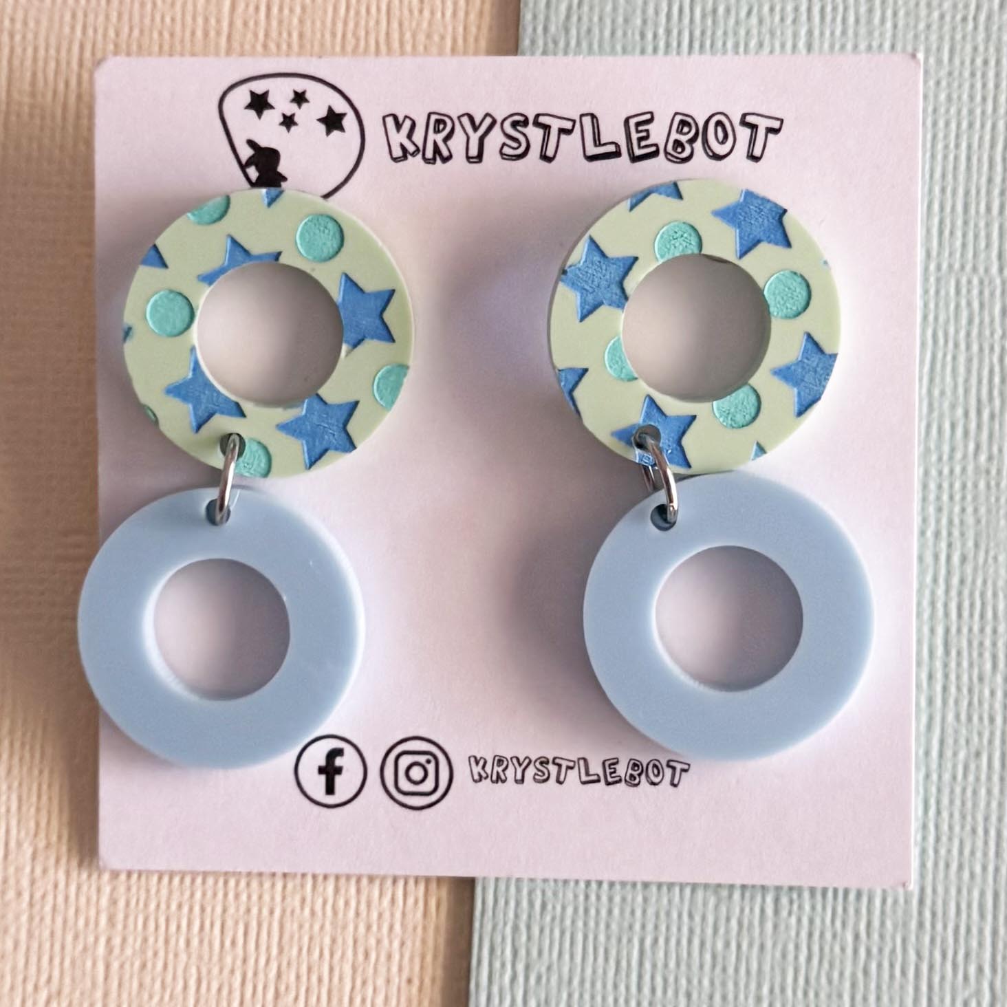 Blue and Green Painted Circle Star and Moon Hand Painted Dangles