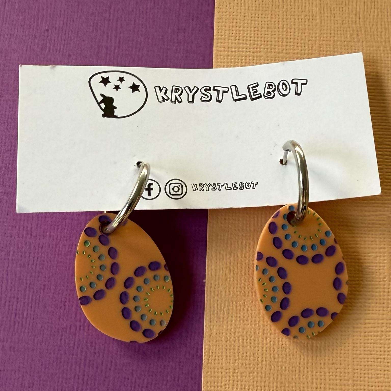 Orange painted circle burst Huggie Hoop oval Earrings, Lightweight Acrylic Dangles, One-Off