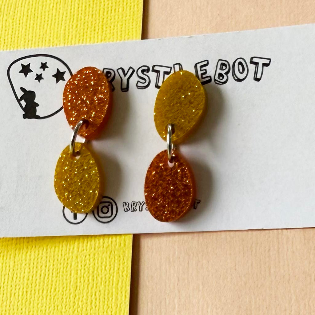 Orange and Yellow sports glitter small oval dangle earrings, mismatch lightweight earrings, teacher dangles, kid earrings, first earrings