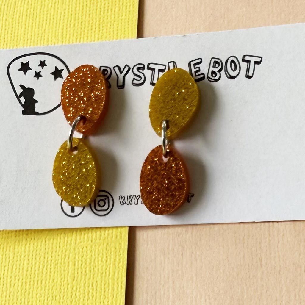 Orange and Yellow sports glitter small oval dangle earrings, mismatch lightweight earrings, teacher dangles, kid earrings, first earrings