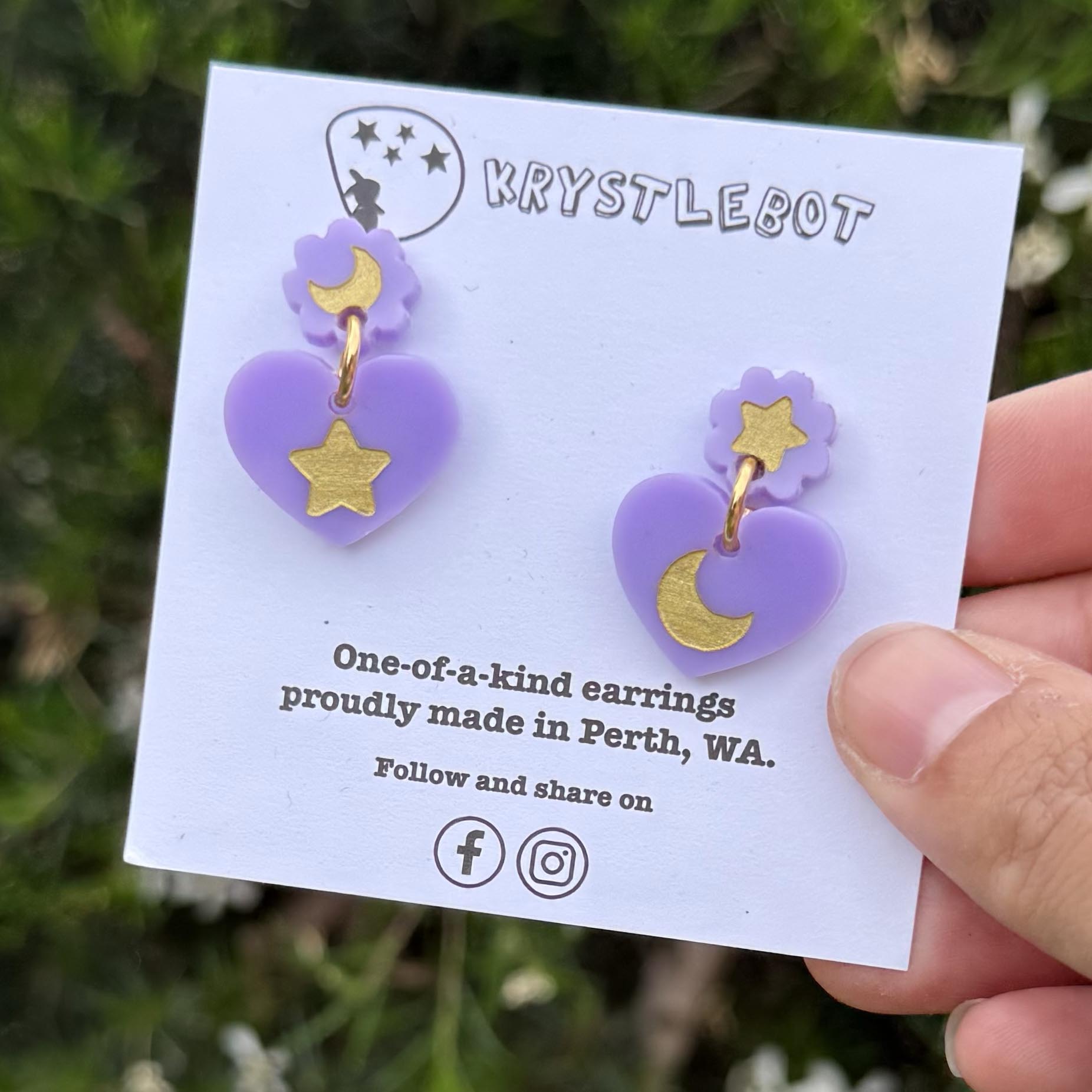 Purple star and moon mismatched Hand Painted heart Earrings, Lightweight Acrylic Dangles, One-Off