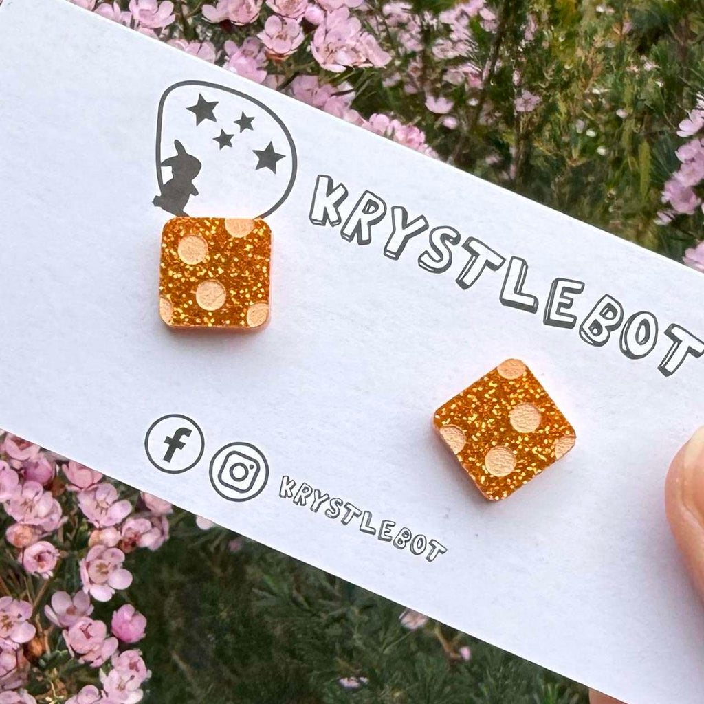 Orange glitter with peach coloured spotted painted square studs, Teacher Gifts, Everyday earrings, Basic Studs