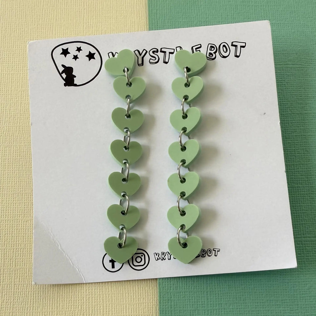 Sage green sweetheart dangles, mini heart dangles, acrylic earrings, teacher earrings, lightweight dangles