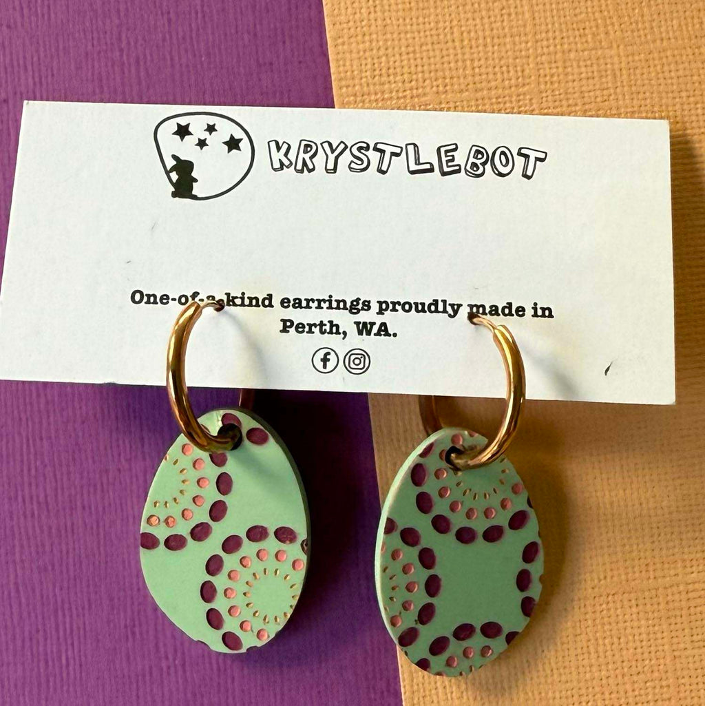 Mint green painted circle burst Huggie Hoop oval Earrings, Lightweight Acrylic Dangles, One-Off