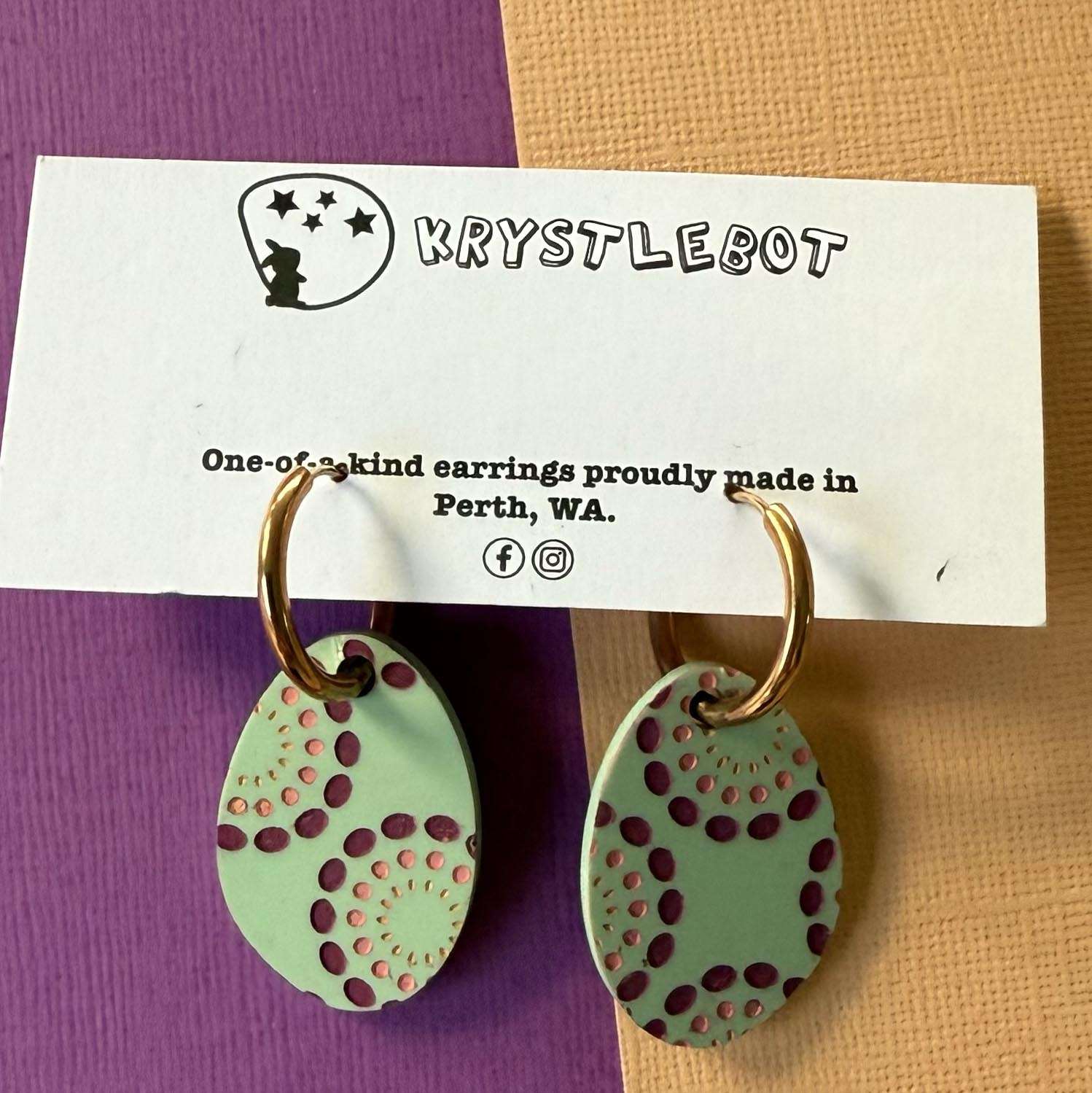 Mint green painted circle burst Huggie Hoop oval Earrings, Lightweight Acrylic Dangles, One-Off