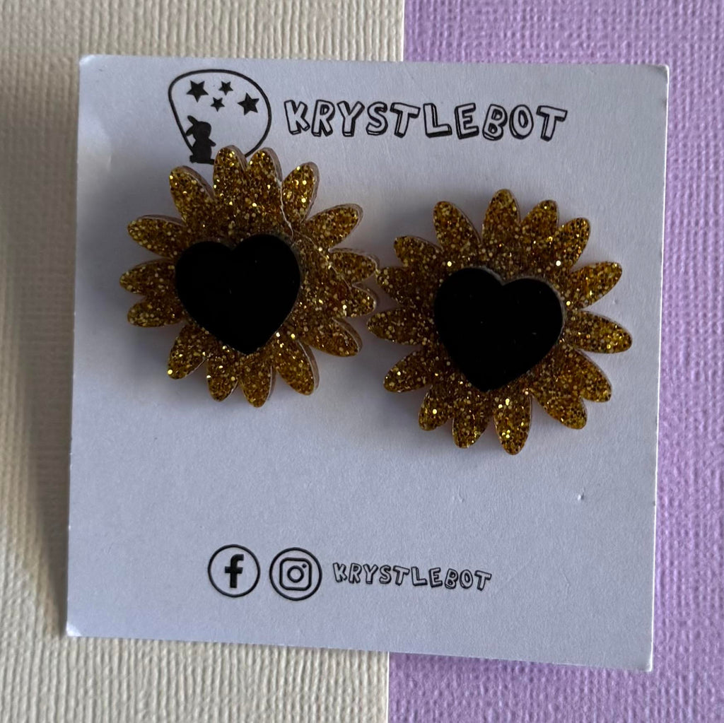 Gold & Black Sunflower Stud Earrings Krystlebot