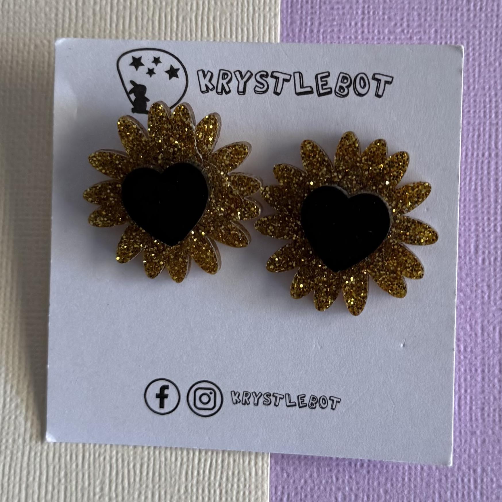 Gold & Black Sunflower Stud Earrings Krystlebot