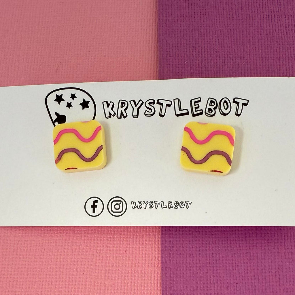 Yellow pink waves hand painted square shaped acrylic earrings, one-of-a-kind, only one made like this