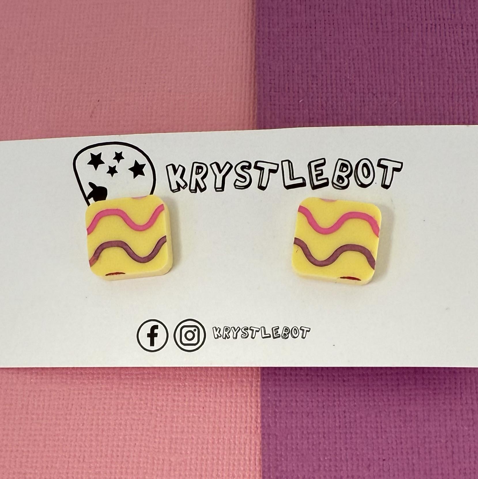 Yellow pink waves hand painted square shaped acrylic earrings, one-of-a-kind, only one made like this