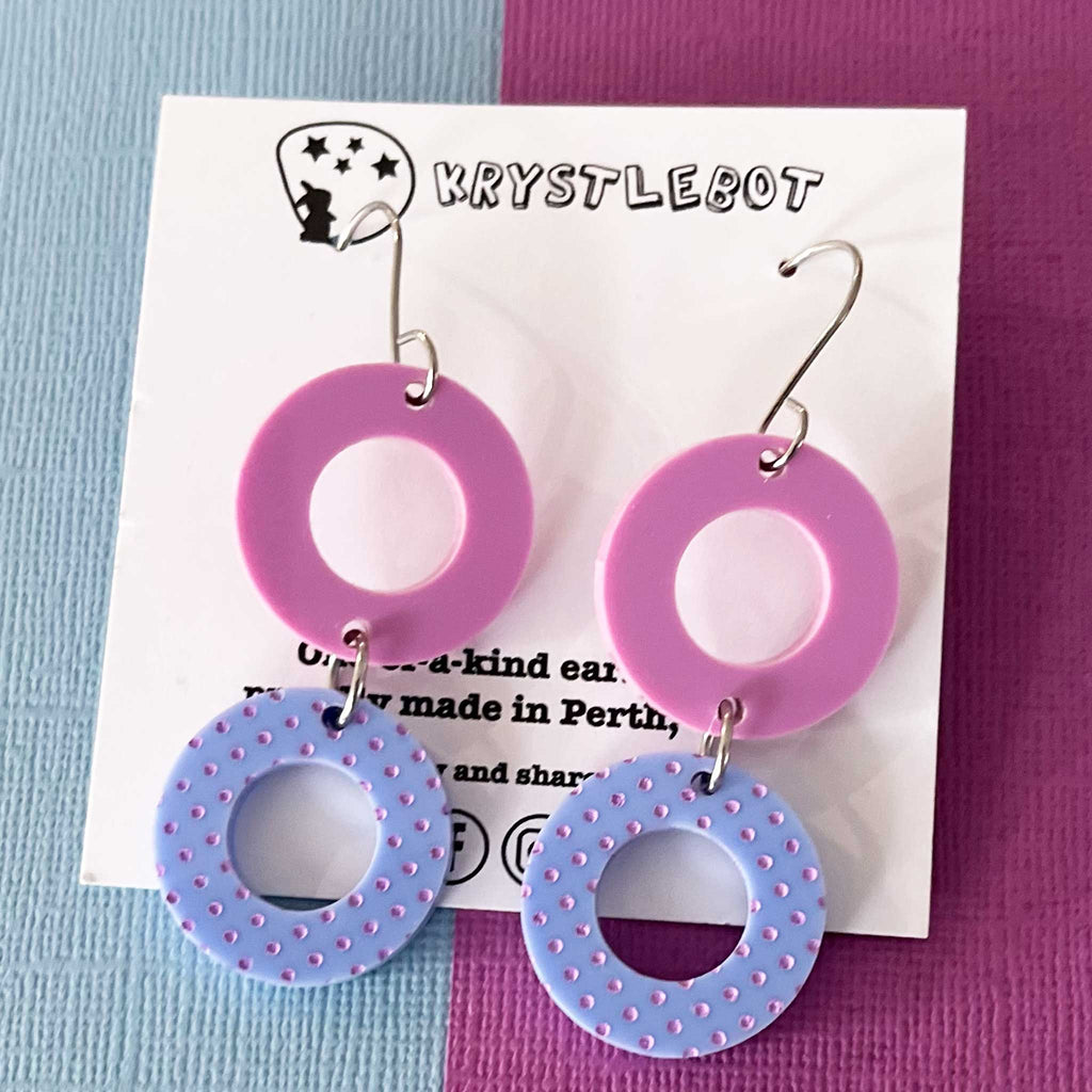 Lavender Purple and Blueberry Blue Painted Circle Hook Dangles, Acrylic earrings, Lightweight dangles,Teacher Earrings