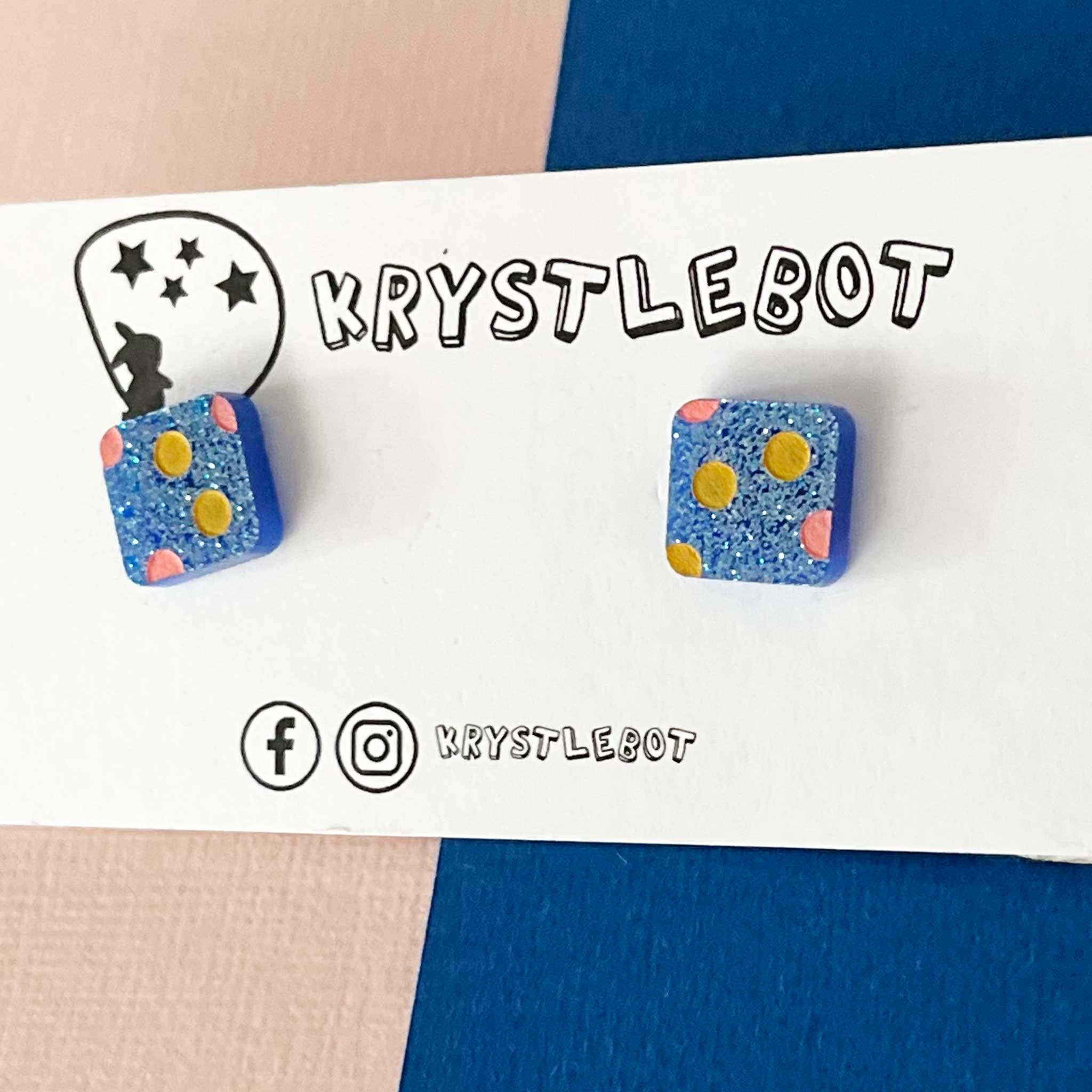 Blue glitter with mustard yellow and pink coloured spotted painted square studs, Teacher Gifts, Everyday earrings, Basic Studs