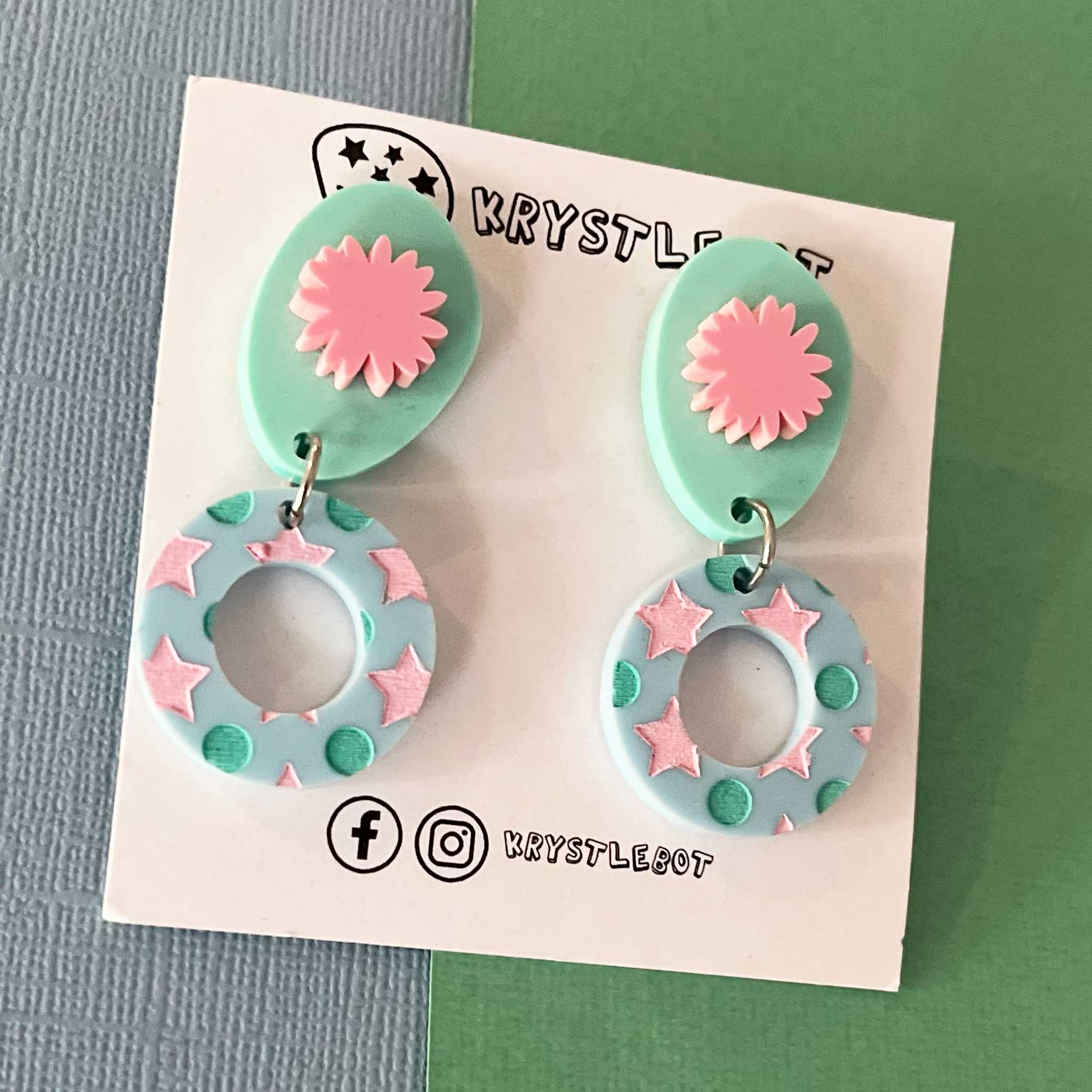 Spearmint green, pink and blue circle, oval and starburst dangles, star painted pattern, Acrylic earrings, Lightweight dangles,Teacher Earrings