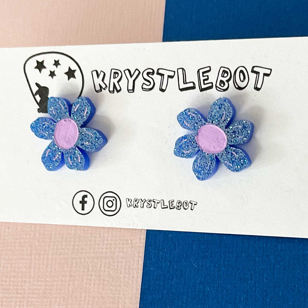Blue glitter daisy studs, hand painted with pink centre and petal features, Lightweight Acrylic Studs Earrings, first earring