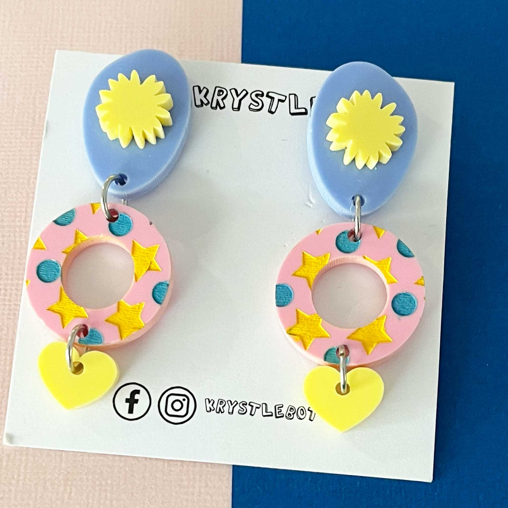 Yellow, blue and pink circle, oval and heart starburst dangles, star painted pattern, Acrylic earrings, Lightweight dangles,Teacher Earrings