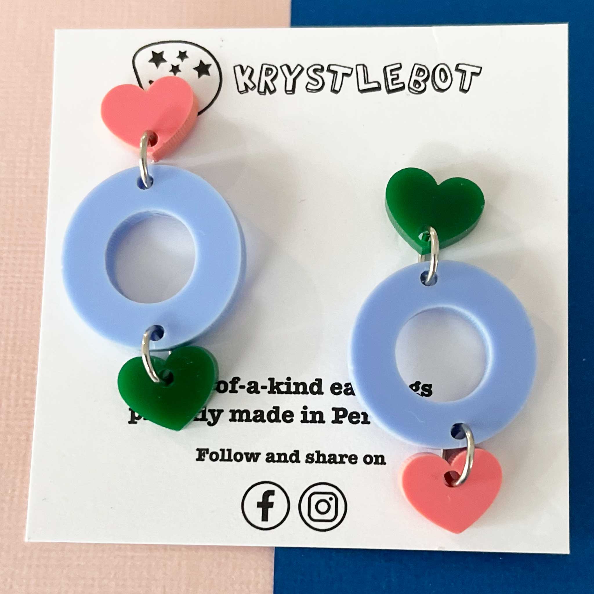 Blue, Raspberry Pink and Forrest Green Mismatched Circle and Heart Dangles, Acrylic earrings, Lightweight dangles,Teacher Earrings