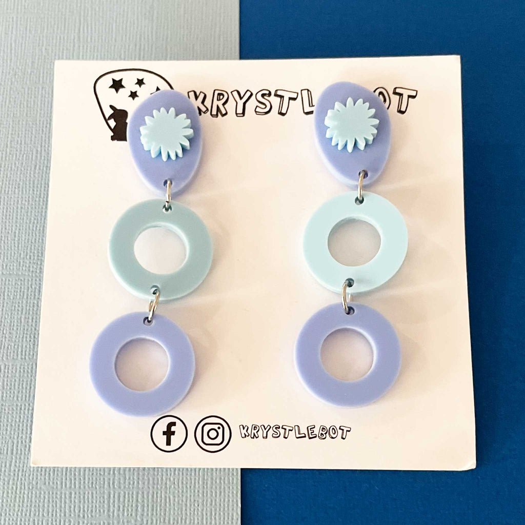 Two toned Blue Oval and Circle starburst dangles, Acrylic earrings, Lightweight dangles,Teacher Earrings