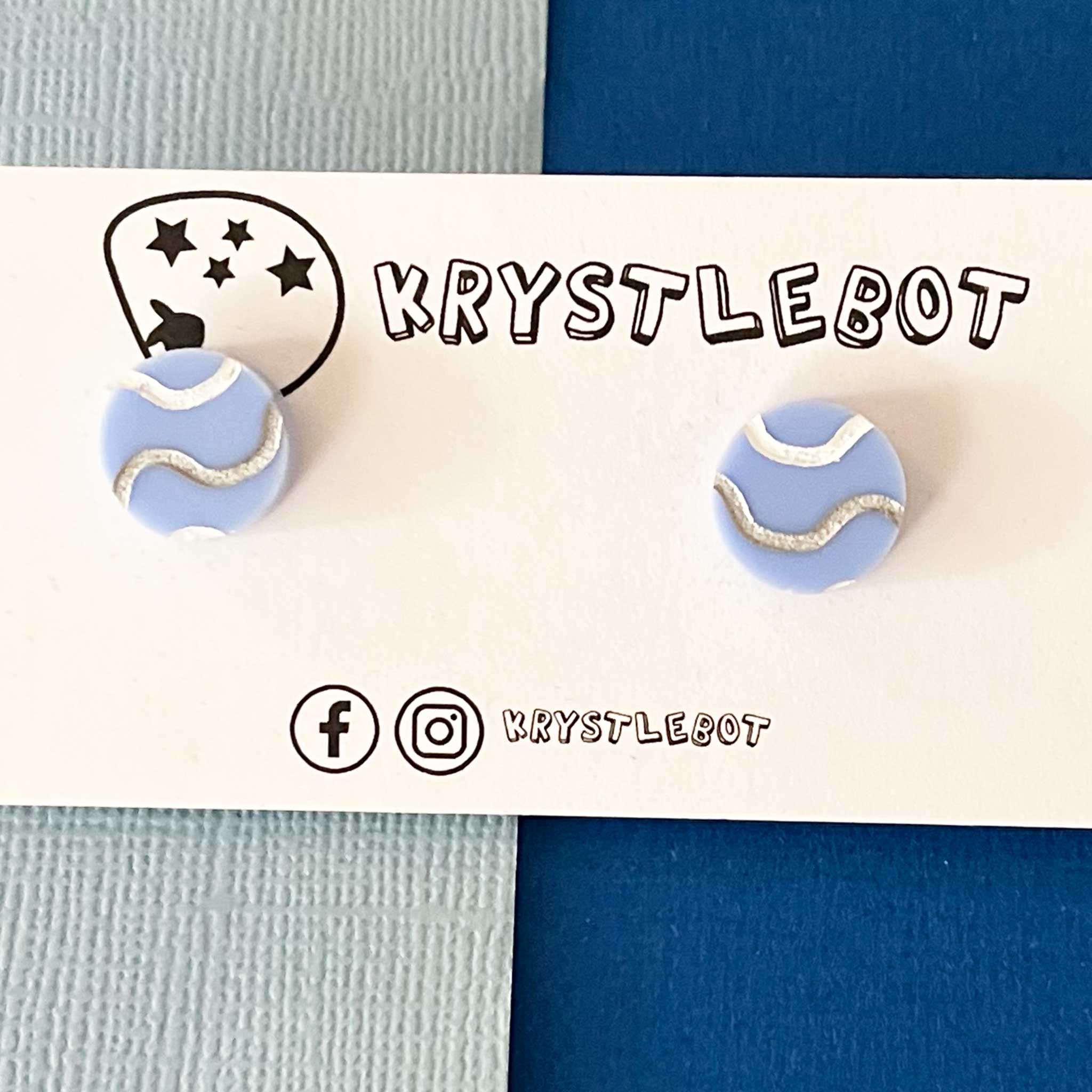 Light blue circle painted wave studs, White and Silver, Ocean inspired studs, Blue Base, Teacher Gift