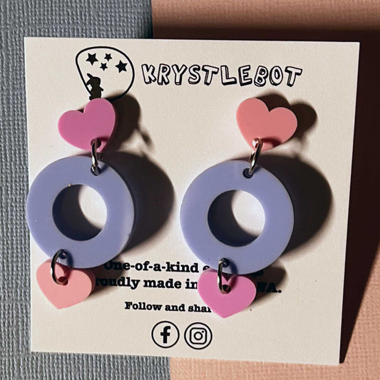 Blueberry Blue, Light Pink and Raspberry Pink Mismatched Circle and Heart Dangles, Acrylic earrings, Lightweight dangles,Teacher Earrings