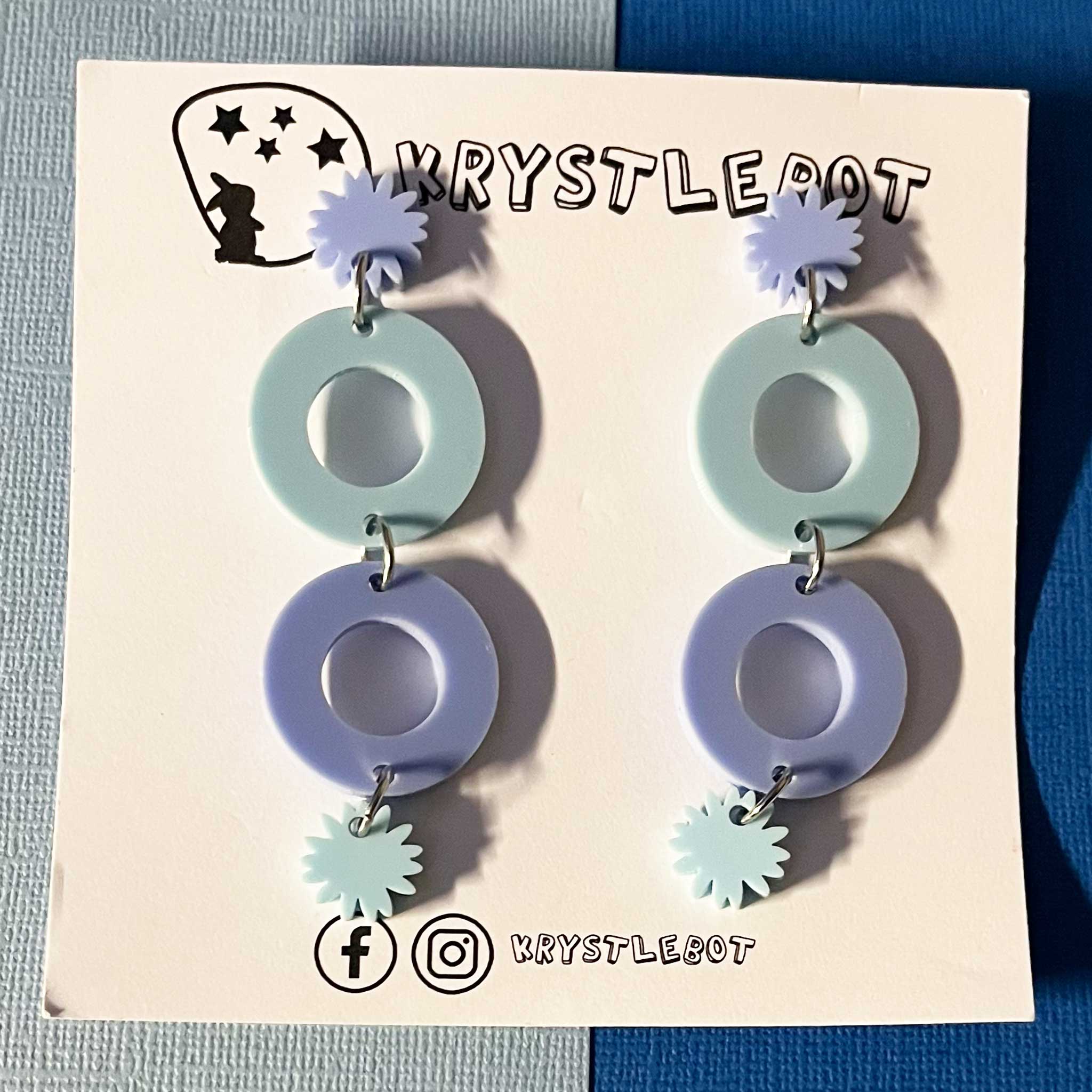 Two toned blue circle and starburst statement dangles, Acrylic earrings, Lightweight dangles,Teacher Earrings