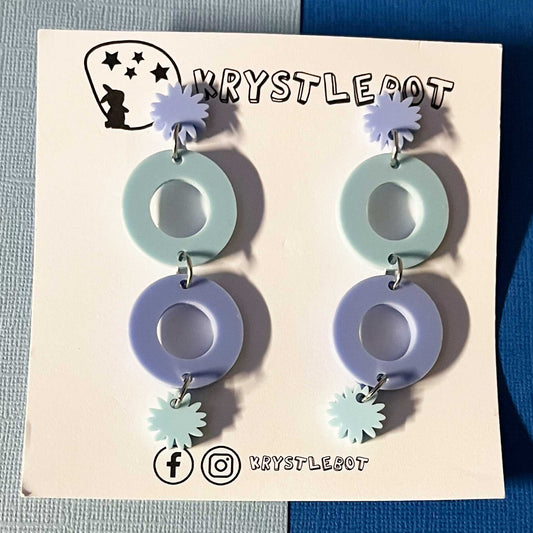 Two toned blue circle and starburst statement dangles, Acrylic earrings, Lightweight dangles,Teacher Earrings