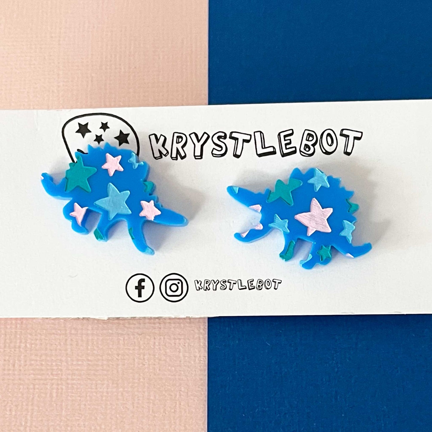 Stegosaurus Statement Studs, Pink Teal and Light Blue, Hand Painted Dinosaur Earrings, One-Off Earrings, Unique Earrings, Lightweight Acrylic