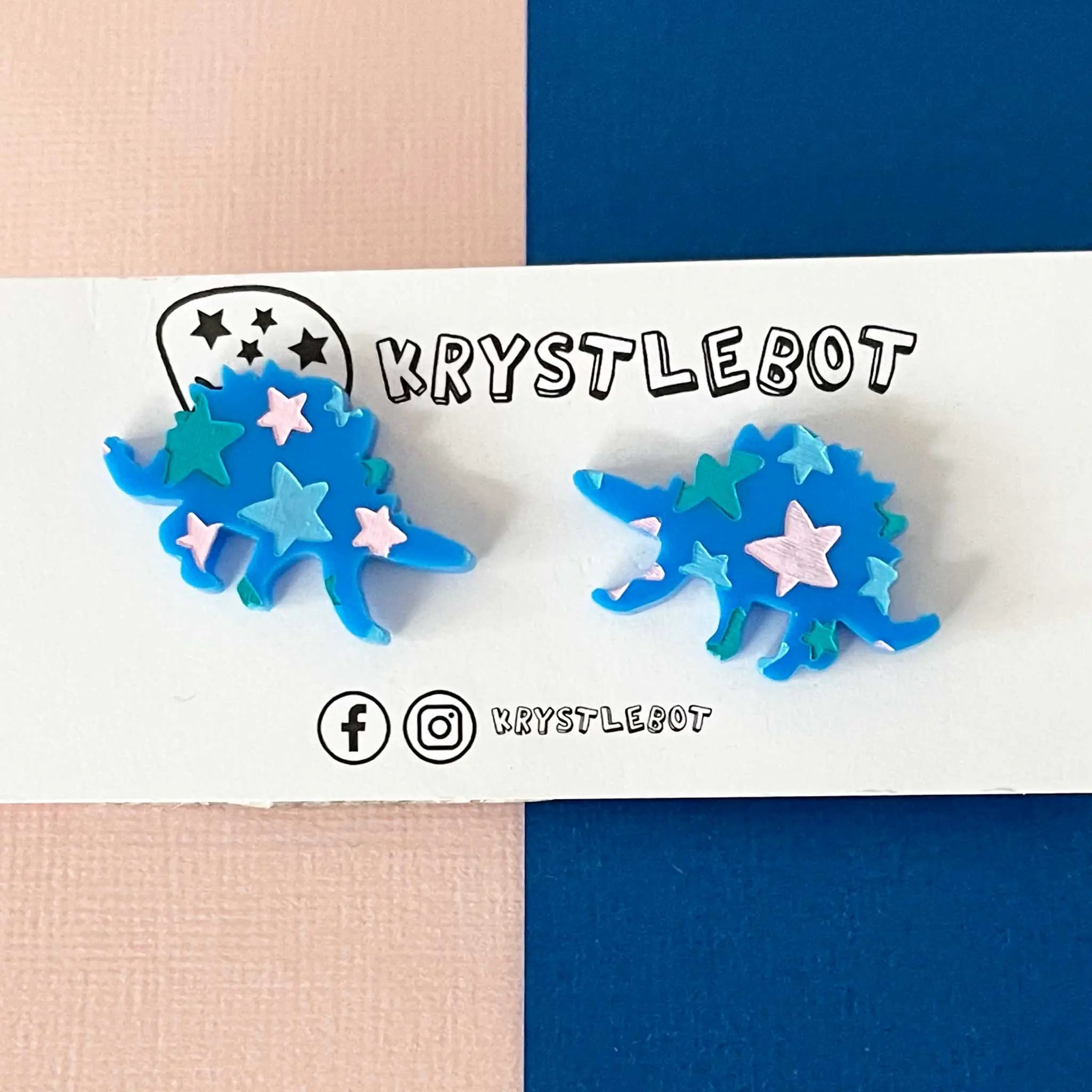 Stegosaurus Statement Studs, Pink Teal and Light Blue, Hand Painted Dinosaur Earrings, One-Off Earrings, Unique Earrings, Lightweight Acrylic Krystlebot