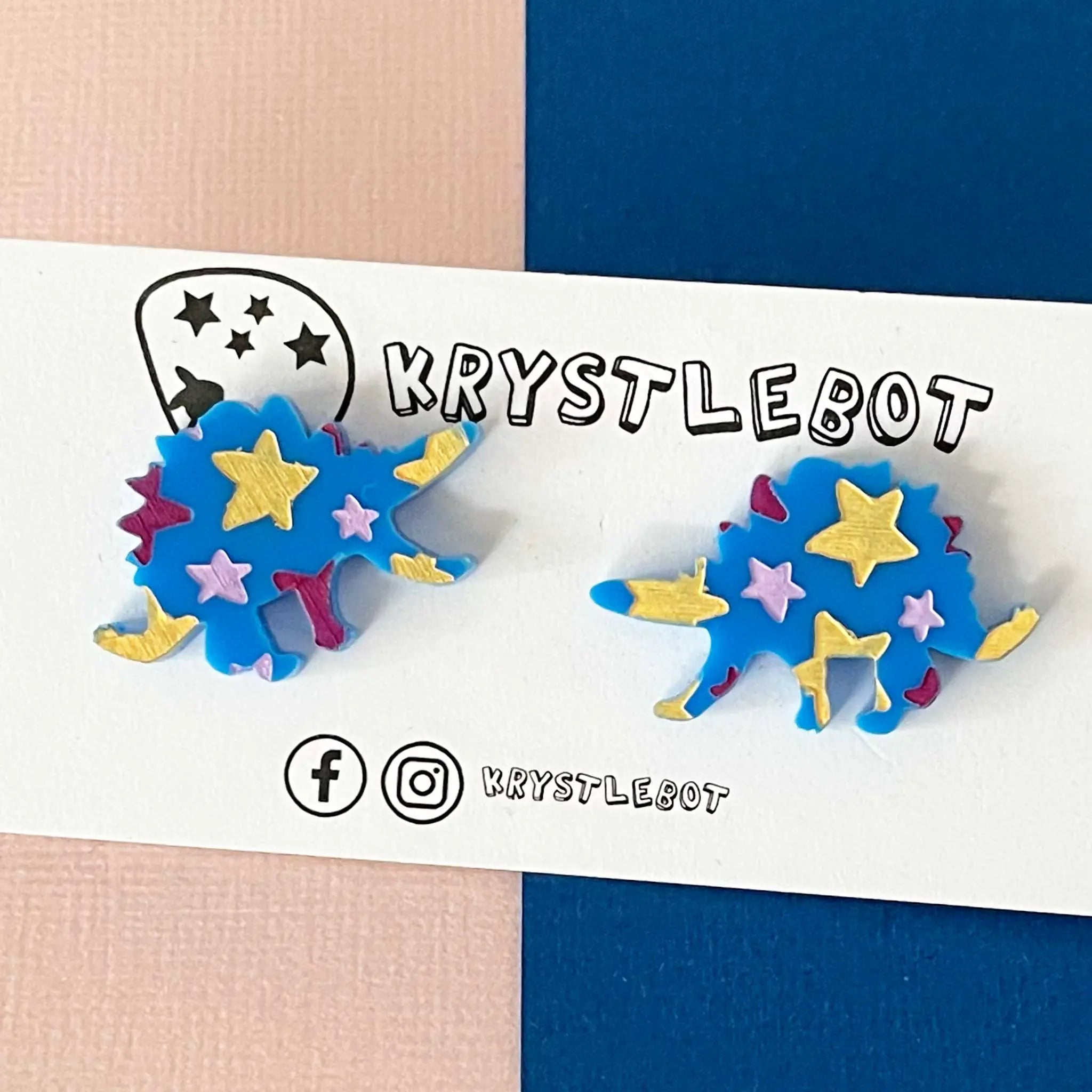 Stegosaurus Statement Studs, Pink Magenta and Mustard, Hand Painted Dinosaur Earrings, One-Off Earrings, Unique Earrings, Lightweight Acrylic Krystlebot