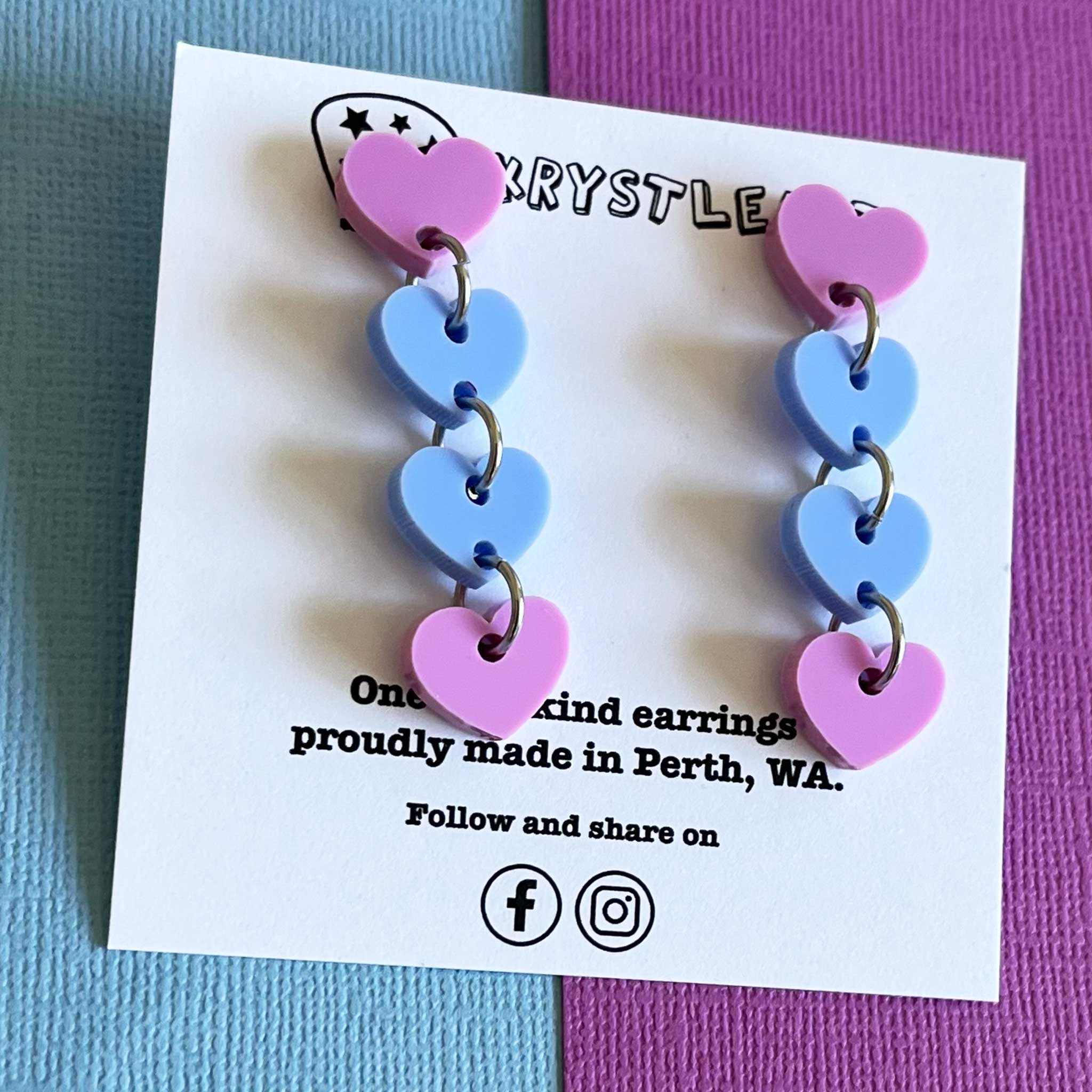 Blue and purple sweetheart dangles, mini heart dangles, acrylic earrings, teacher earrings, lightweight dangles