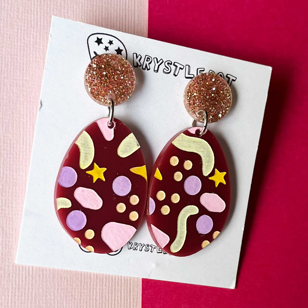 Burgundy Pink and Neutral Tones Cosmic Inspired Hand Painted Oval Earrings, Lightweight Acrylic Dangles, One-Off