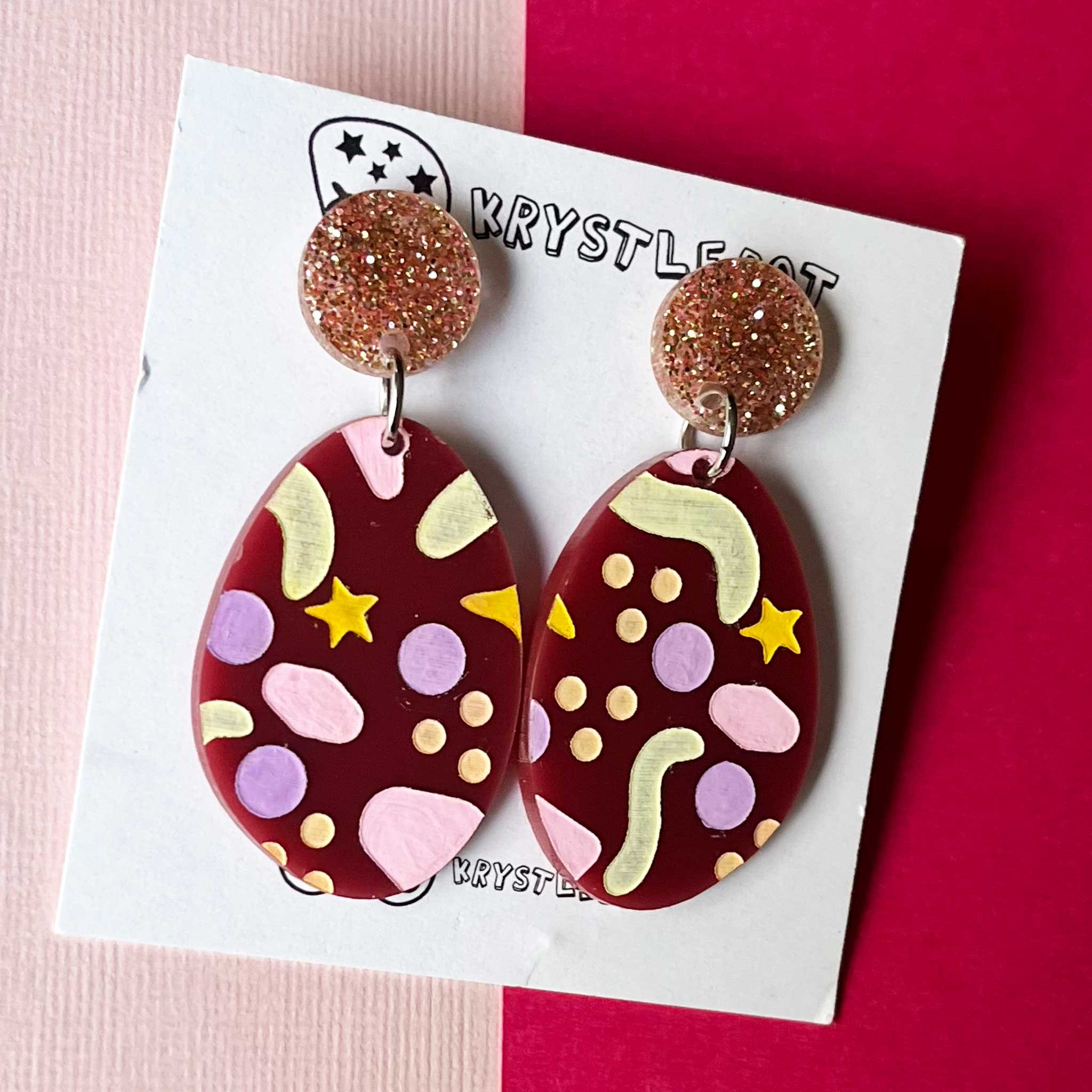 Burgundy Pink and Neutral Tones Cosmic Inspired Hand Painted Oval Earrings, Lightweight Acrylic Dangles, One-Off
