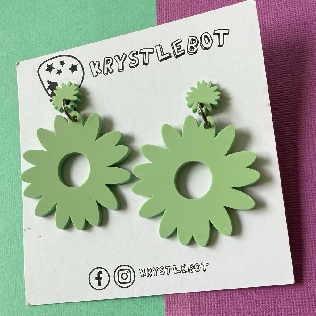 Large green sunflower statement dangles, floral flower earrings, big statement lightweight earrings, teacher earrings
