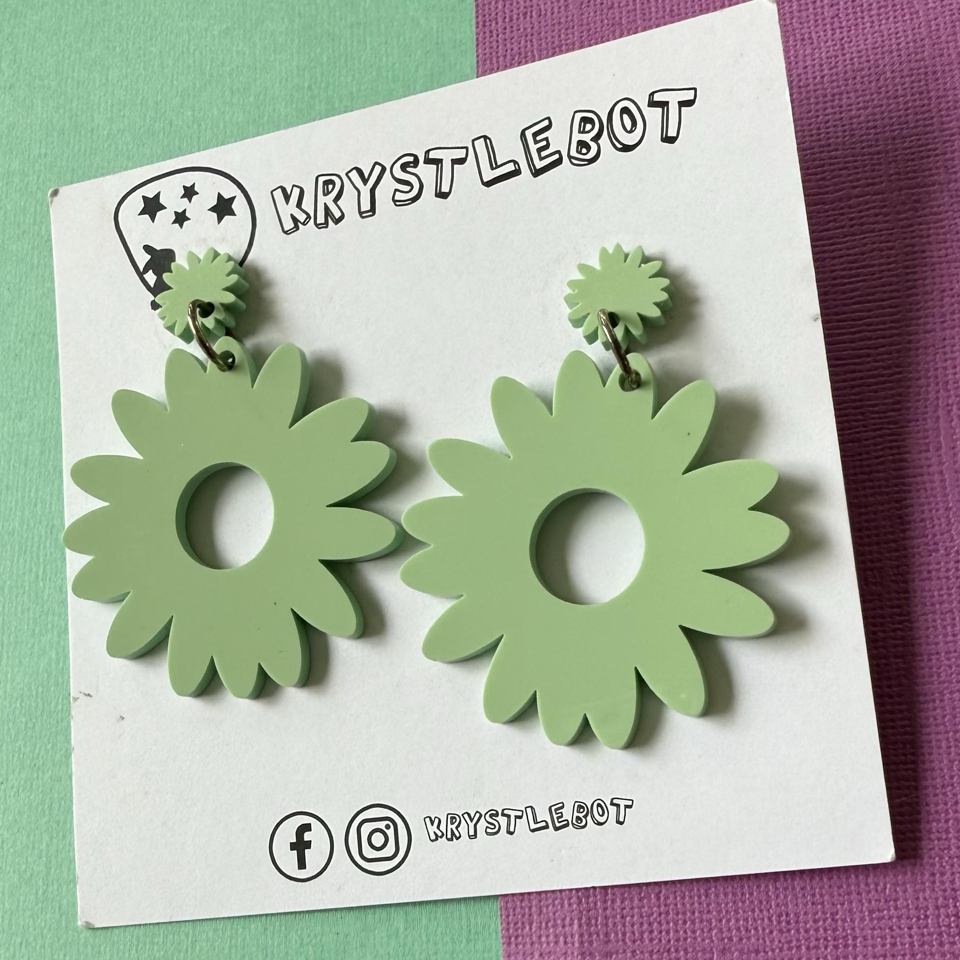 Large green sunflower statement dangles, floral flower earrings, big statement lightweight earrings, teacher earrings