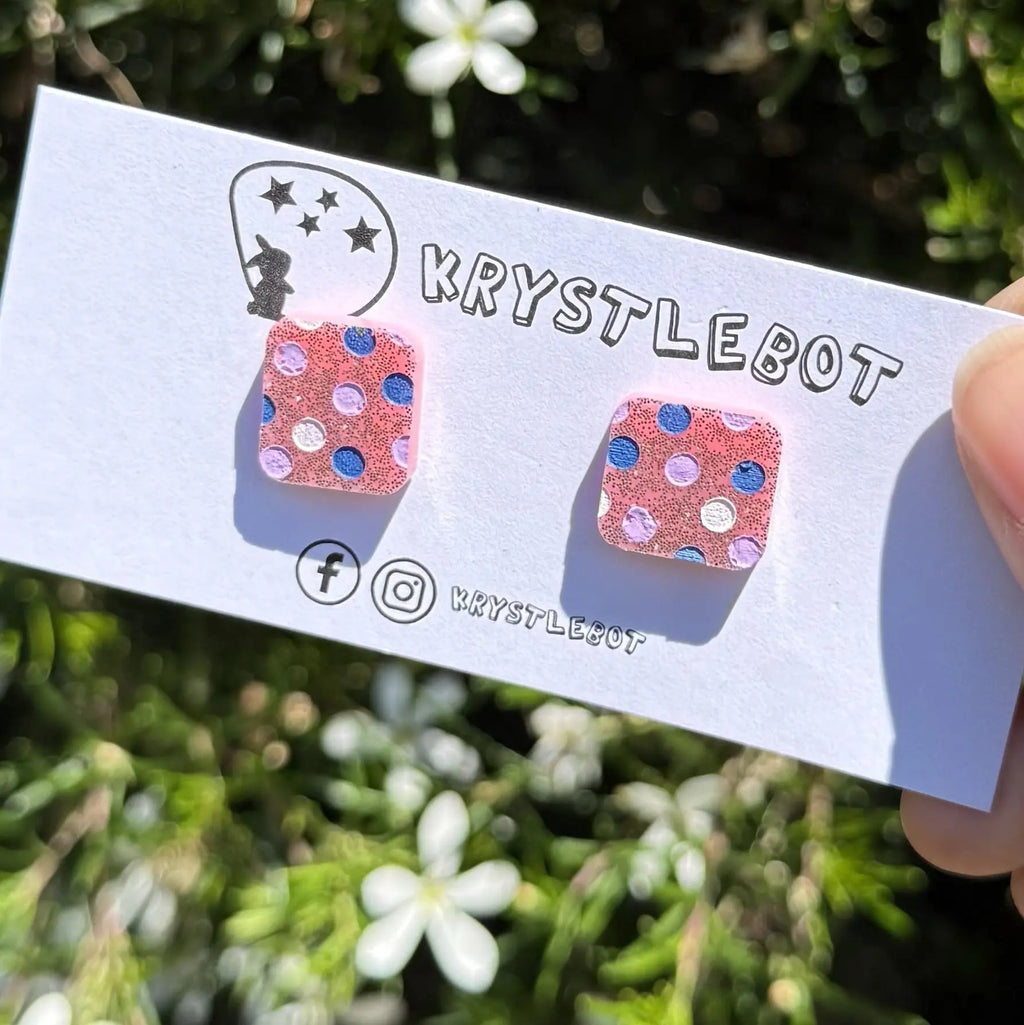 Pink glitter spotted hand painted square shaped acrylic earrings, one-of-a-kind, only one made like this