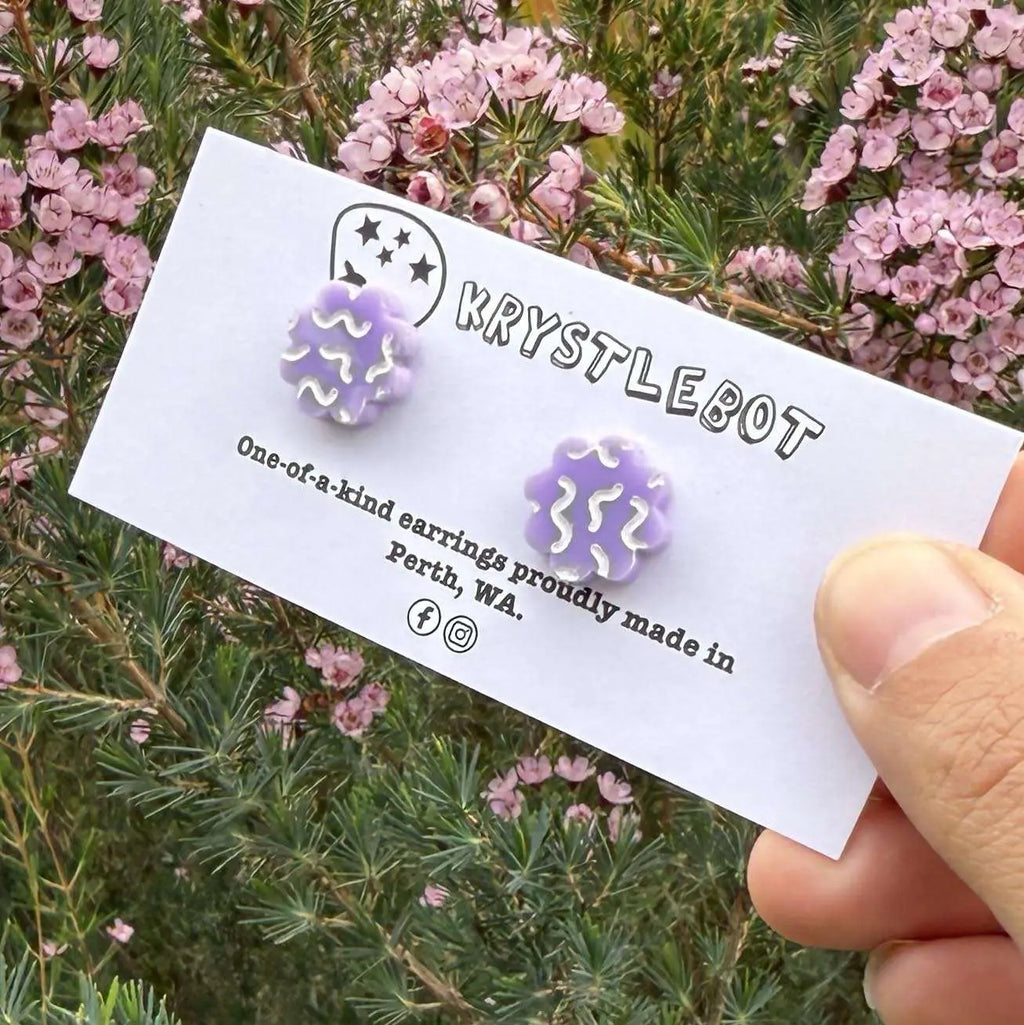 Purple and white hand painted squiggle studs, Teacher Gifts, Everyday earrings, Basic Studs