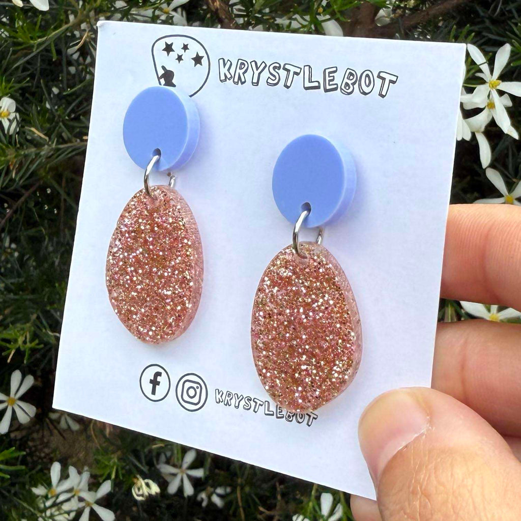 Pink Rose Gold Glitter Oval Statement Dangles with blue circle stud tops, Abstract Oval, Teacher Earrings, Small Earrings