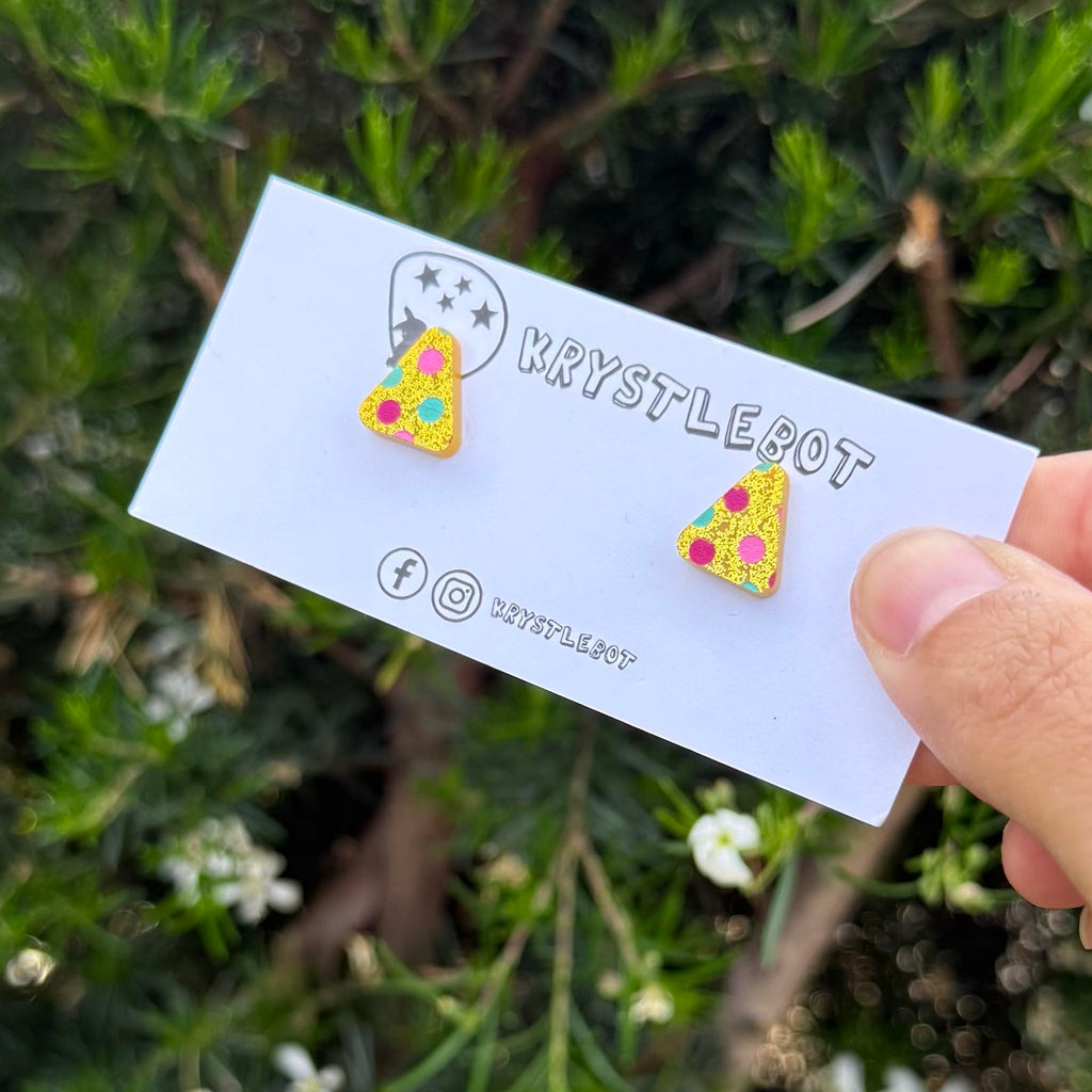 Yellow glitter spotted painted triangle studs, Teacher Gifts, Everyday earrings, Basic Studs