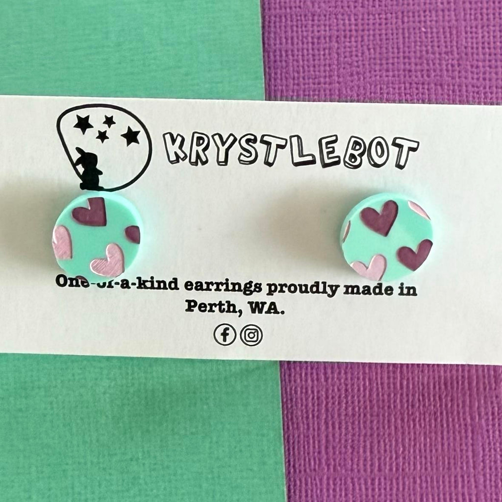 Mint green pink and purple heart painted oval studs, Teacher Gifts, Everyday earrings, Basic Studs