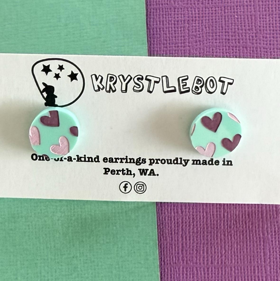 Mint green pink and purple heart painted oval studs, Teacher Gifts, Everyday earrings, Basic Studs