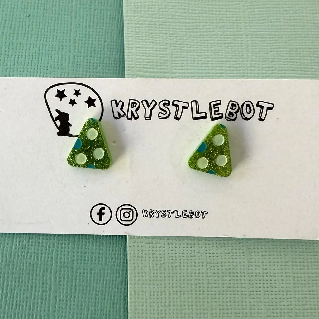 Lime green glitter green and teal spotted painted triangle studs, Teacher Gifts, Everyday earrings, Basic Studs
