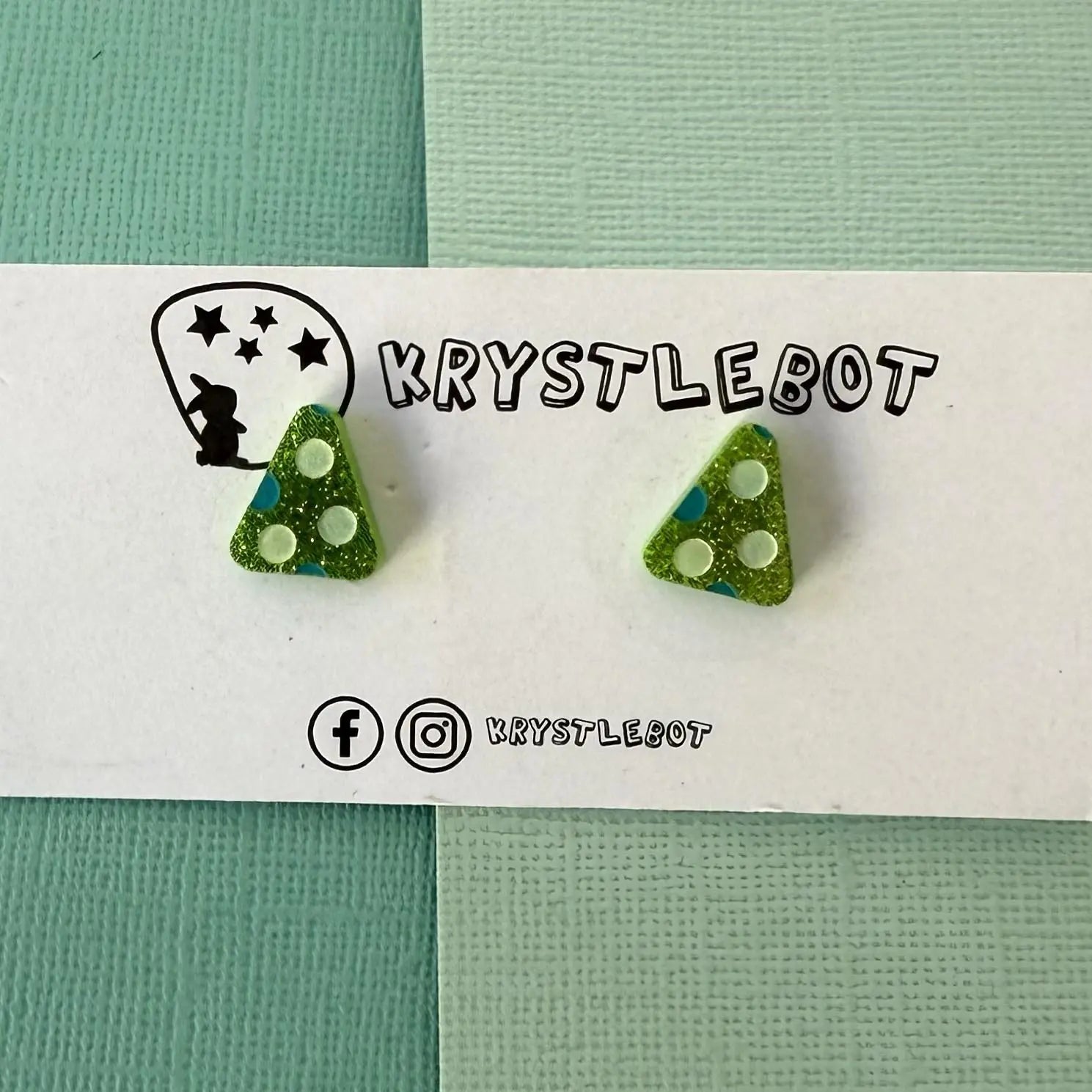 Lime green glitter green and teal spotted painted triangle studs, Teacher Gifts, Everyday earrings, Basic Studs