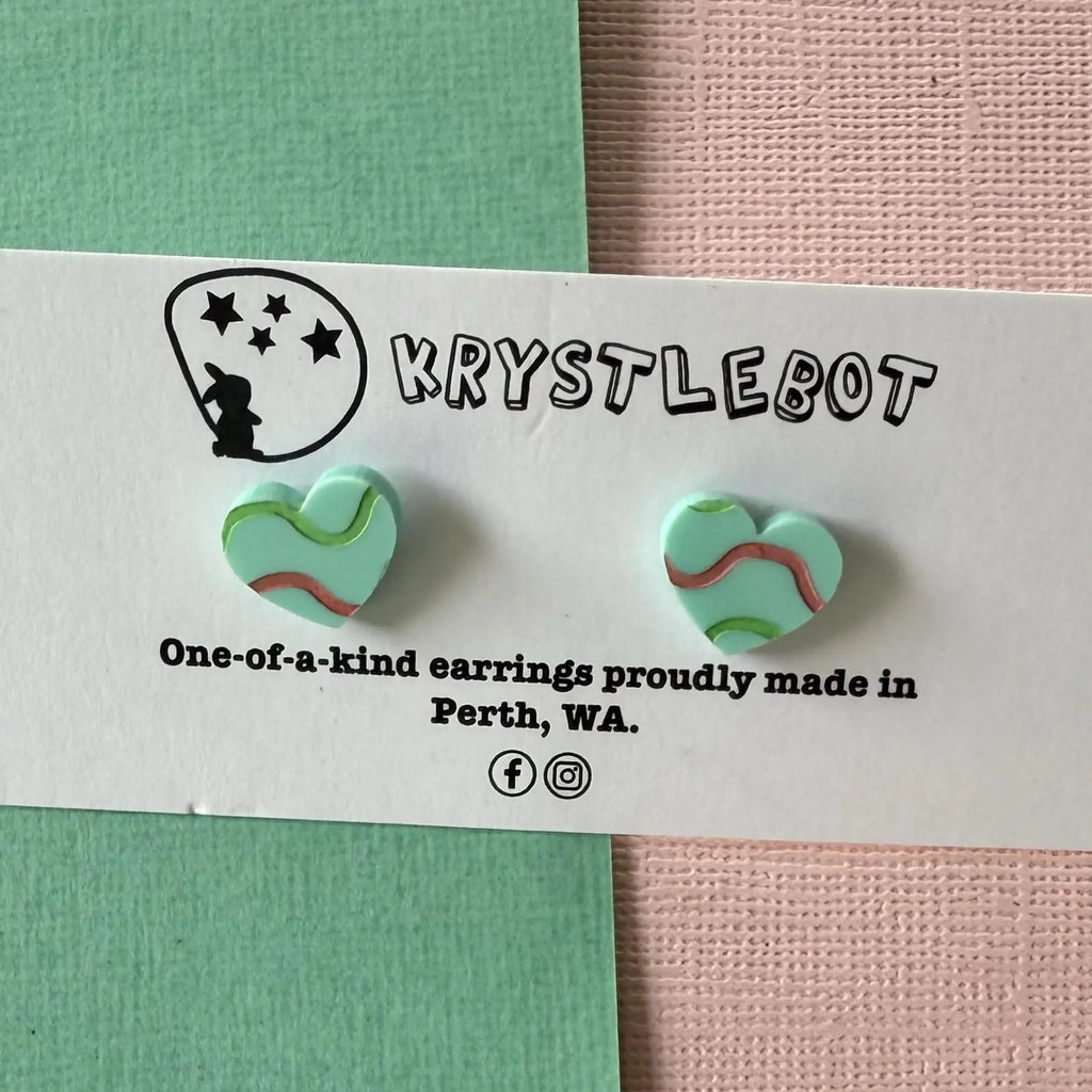 Green mini wave squiggles painted love heart studs, Teacher Gifts, Everyday earrings, Basic Studs