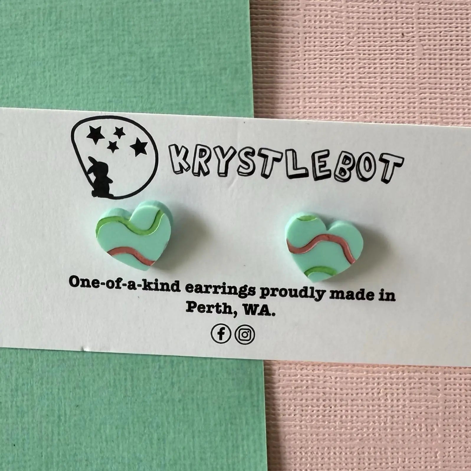 Green mini wave squiggles painted love heart studs, Teacher Gifts, Everyday earrings, Basic Studs